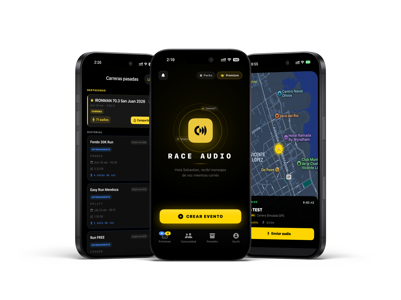 Race Audio — historial de carreras, pantalla principal y seguimiento GPS en vivo